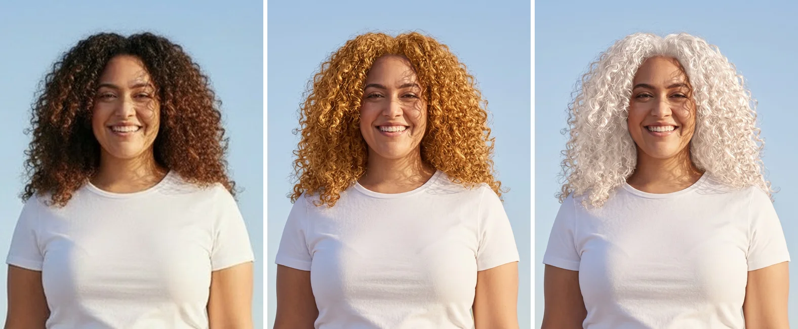 Drei Versionen derselben Frau mit lockigem Haar: natürliches Dunkelbraun, Goldblond und Platinblond