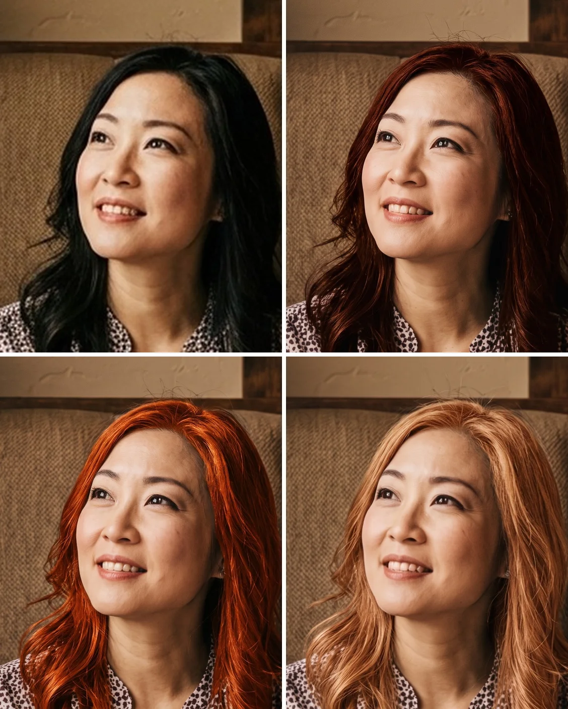 Four versions of the same woman: her natural black hair, then auburn, copper red and strawberry blonde