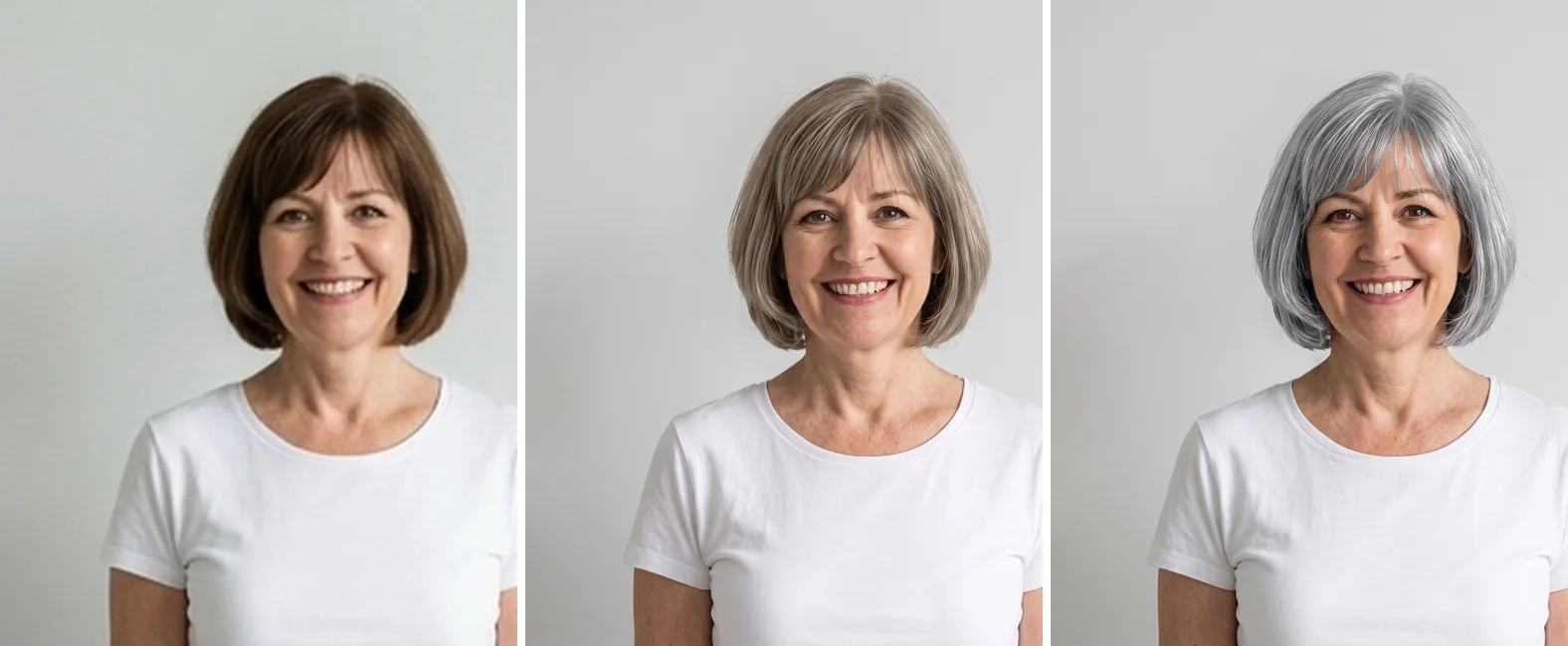 Drei Versionen derselben Frau mit einem Bob: naturbraun, aschblond und silbergrau