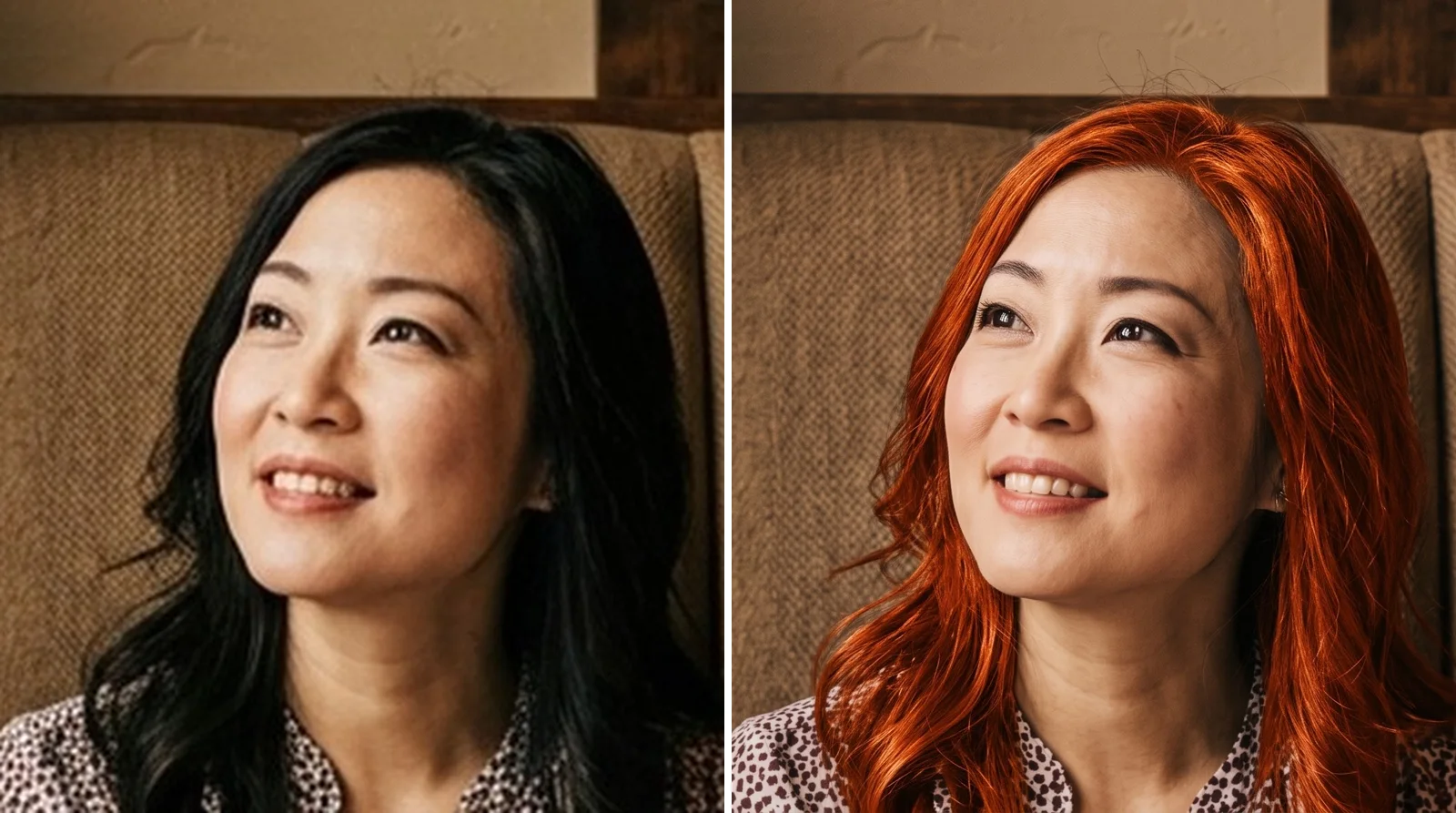 The same woman with long black hair and, next to it, with bright copper red hair