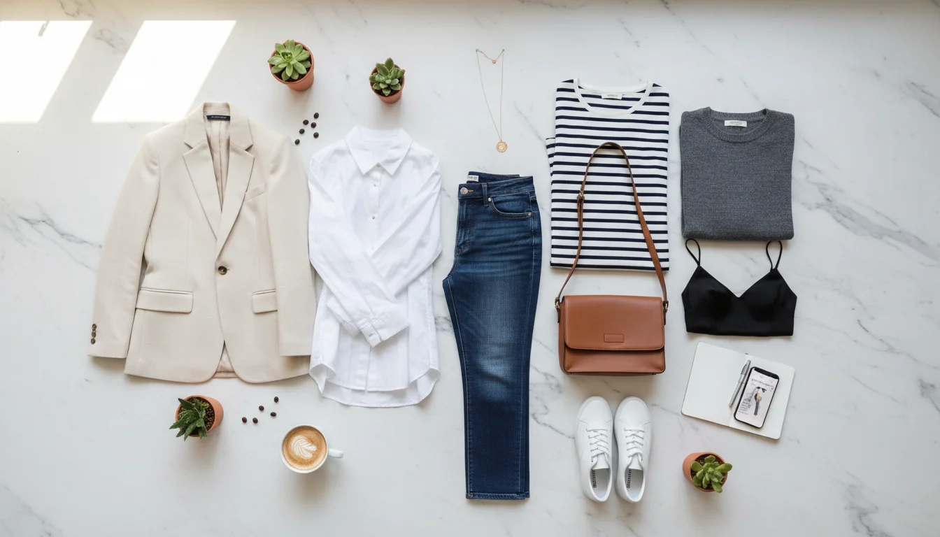 Capsule wardrobe flat lay with versatile mix-and-match pieces