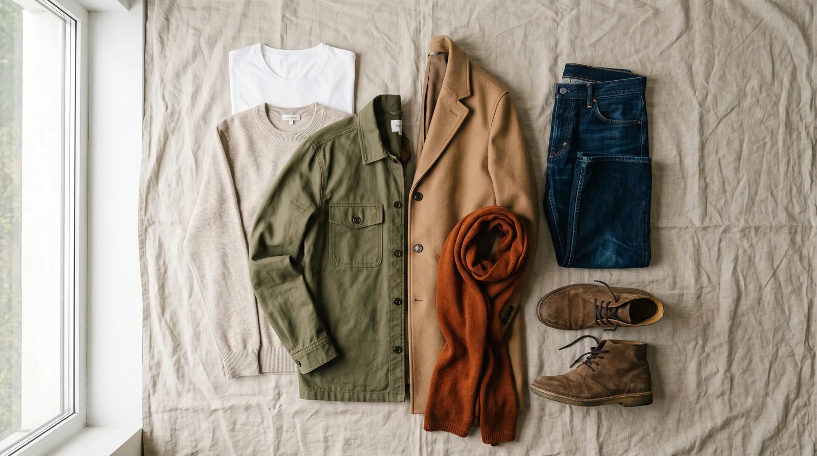 Flatlay eines Herbst-Layering-Outfits: weißes T-Shirt, haferflockenfarbener Strickpullover, olivgrünes Overshirt, kamelfarbener Mantel, dunkle Jeans, rostfarbener Schal und Wildlederstiefel