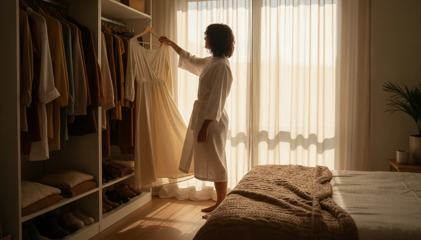 Morning outfit selection from an organized wardrobe