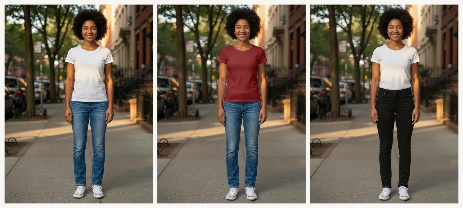 Three versions of the same outfit photo: original white t-shirt and blue jeans, then a red t-shirt, then black jeans