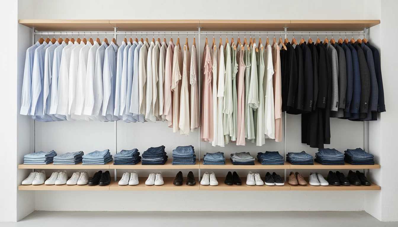 Organized wardrobe with color-coordinated clothing